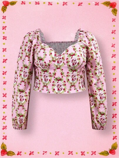 Strawberry Shortcake X SHEIN 大码秋冬甜美可爱Y2K性感田园休闲粉色草莓复古图案印花灯笼袖长袖甜心领褶皱后背衬衫