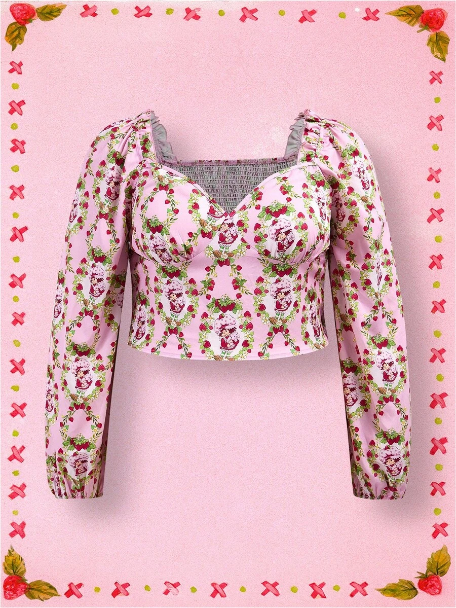 Strawberry Shortcake X SHEIN Plus Size Autumn/Winter Sweet Cute Y2K Sexy Pastoral Casual Pink Strawberry Retro Graphic Print Lantern Sleeve Long Sleeve Sweetheart Neck Shirred Back Blouse - Multicolor - View 1
