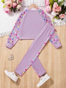 Set de 2 piezas: Sudadera con corazón y estampado floral + Leggings para niñas preadolescentes, otoño e invierno - Morado - Ver 2