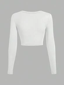 SHEIN EZwear 3pcs/Set Black, White, Wine Red Casual U-Neck Tight Cropped Long Sleeve T-Shirts, Suitable For Autumn/Winter - Multicolor - View 6