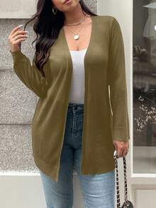 Vionelle 大码女式纯色长袖休闲开襟针织衫，秋季绿色开衫 - 橄欖綠 - 查看 6