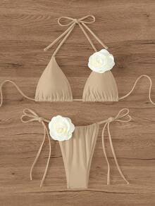 Swim Chiccia Contrast Color 3d Flower Decoration Halter Bikini Set, For Swimming,Summer Beach