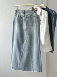 SHEIN LUNE Women's Frayed Hem Washed Denim Skirt - Baby Blue - View 2
