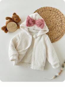 SHEIN 可爱的毛绒蝴蝶结连帽夹克，百搭秋冬，宝贝女孩 - 白色 - 查看 5