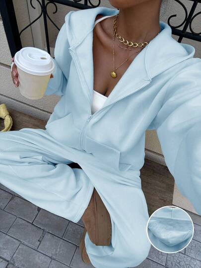 Muchica Women's Casual Loose Sweatshirt Set, Light Blue, Autumn, Baby Blue Two Piece Pants Suit Baby Blue Outfit Women 2 Piece Casual Sets Woman,Cozy Fall And Winter Clothes For Women