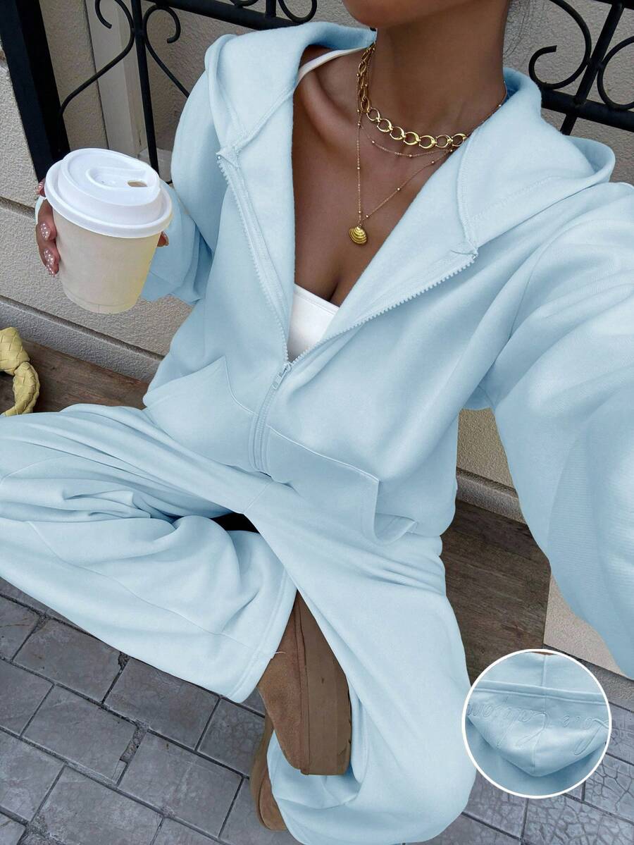 SHEIN EZwear Women's Casual Loose Sweatshirt Set, Light Blue, Autumn, Baby Blue Two Piece Pants Suit Baby Blue Outfit Women 2 Piece Casual Sets Woman,Cozy Fall And Winter Clothes For Women - Blue - View 1