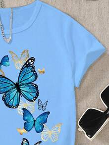 SHEIN 1 pezzo Girocollo corto a T casual con volant blu e prensione, adatto per l'estate - Blu - Visualizzare 3