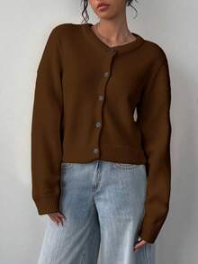 SHEIN BASICS 休闲简约咖啡色女士开衫，适合秋冬 - 棕色 - 查看 2