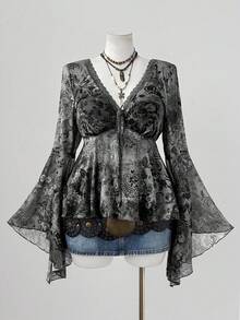 Sunspun 大码女式腰果花卉印花撞色蕾丝 V 领喇叭袖时尚衬衫 - 彩色 - 查看 1