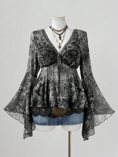 Sunspun Plus Size Women Cashew Floral Print Contrast Lace V-Neck Flare Sleeve Fashionable Blouse