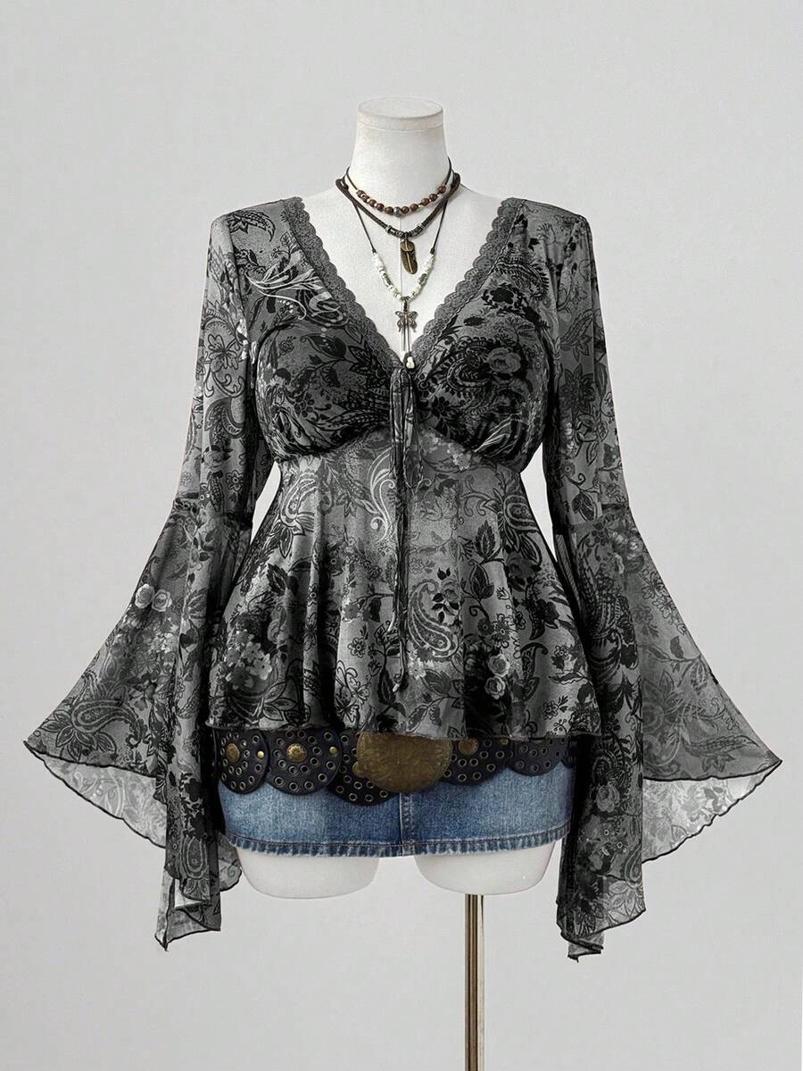 Sunspun 大码女式腰果花卉印花撞色蕾丝 V 领喇叭袖时尚衬衫 - 彩色 - 查看 1