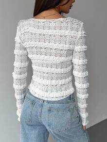 Chiquease Women's Autumn Back To School Striped Lace Crochet Long Sleeve V-Neck Cinched Waist Cardigan Sweater - Apricot - View 2