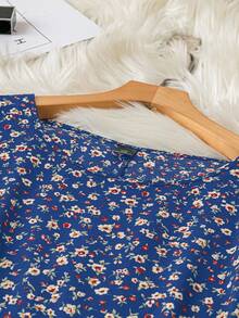 Rusticease 加大码花卉印花短款圆领长袖连衣裙冬季服装 - 寶藍色 - 查看 4