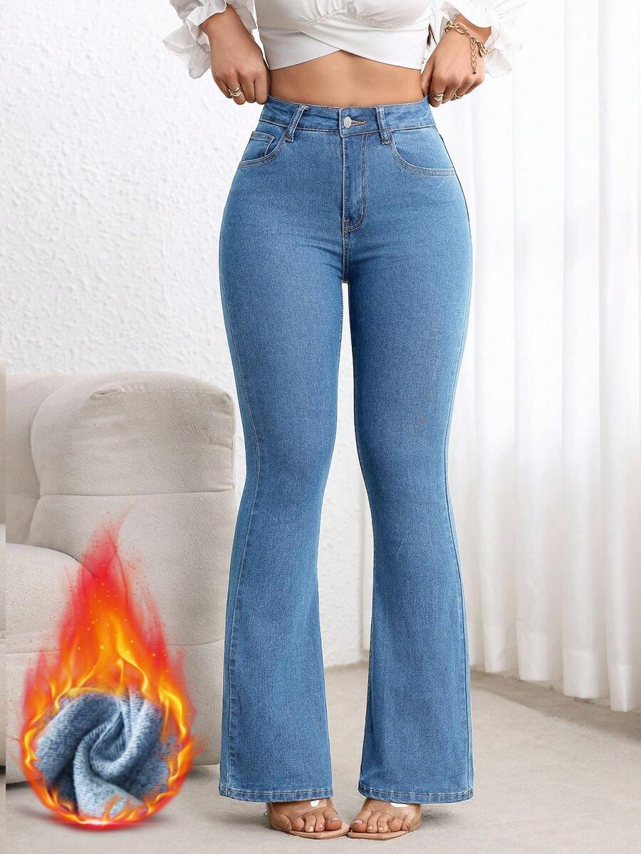 EMERY ROSE Plus Size Women Casual Flared Thermal Lined Jeans - Blue - View 1