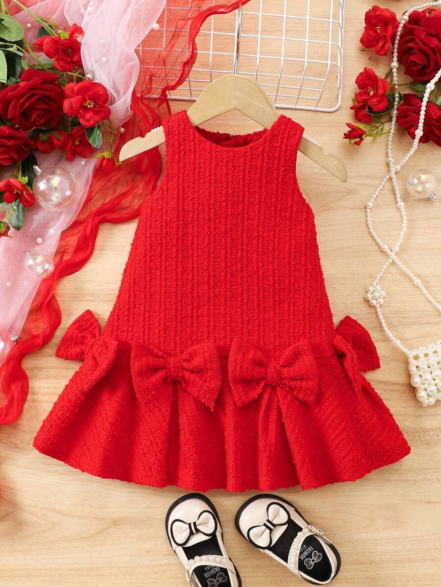 Váy nơ dệt kim màu đỏ dễ thương và thanh lịch cho bé gái - Đỏ - Xem 1