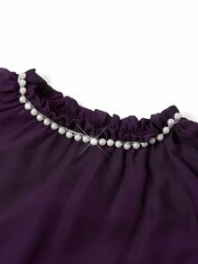 Gownix Blusa Elegante Feminina com Decote Redondo, Decoração de Pérolas, Ombros Frios, Manga Longa, Babados, Ideal para o Natal, Inverno, Outono e Inverno, Ano Novo, Ação de Graças, Festa Elegante, Vestido Elegante Feminino com Lantejoulas - Roxo - Visão 8
