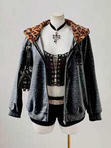 Sunspun Jaket Wanita Motif Retro Punk Y2K, Sweatshirt Musim Gugur - Light Grey - View 4