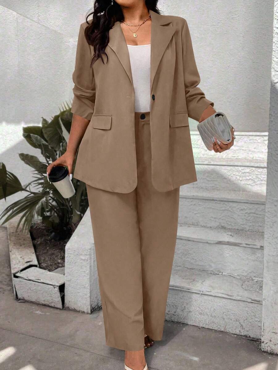 Elenzga Setelan Jas Wanita Ukuran Besar Warna Polos Kerah Berlipat Lengan Panjang Kasual Serbaguna - Khaki - View 1