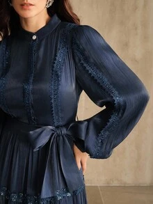 Anewsta 女士雪纺圆领蕾丝拼接长袖连衣裙，秋冬 - 寶藍色 - 查看 3
