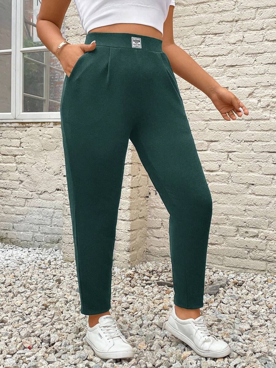 SHEIN Essnce 大码女式口袋贴片铅笔裤，休闲时尚百搭度假 - 墨綠色 - 查看 1