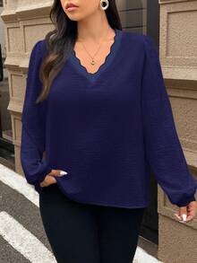 SHEIN Frenchy 秋季大码撞色饰边休闲宽松纹理面料长袖衬衫 - 藏蓝色 - 查看 4