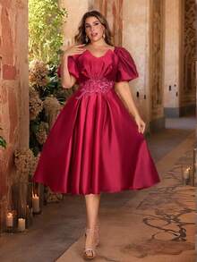 Aureia Plus Size Elegant Romantic Red Satin Asymmetrical Ruched Sweetheart Neck Puff Sleeve High Waist Luxury Applique Decor Extra-Large Dress Suitable For Evening Party, Singles Party, Date, Graduation, Formal Dance