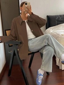 Livesso 拼接撞色宽松长袖翻领口袋女式常规外套，秋季女装女式外套 - 咖啡棕 - 查看 4