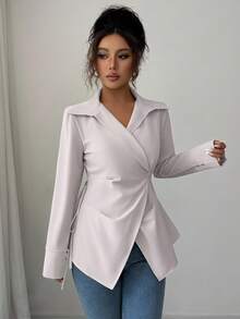 Elenzga Áo sơ mi dài tay bó eo màu trơn thanh lịch dành cho nữ, mùa thu - Màu be - Xem 5