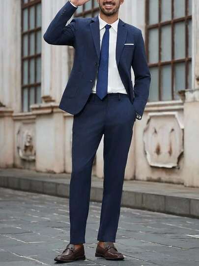 Calvornis Conjunto de traje de negocios de chaqueta y pantalones de manga larga con cuello de solapa de unicolor para hombre