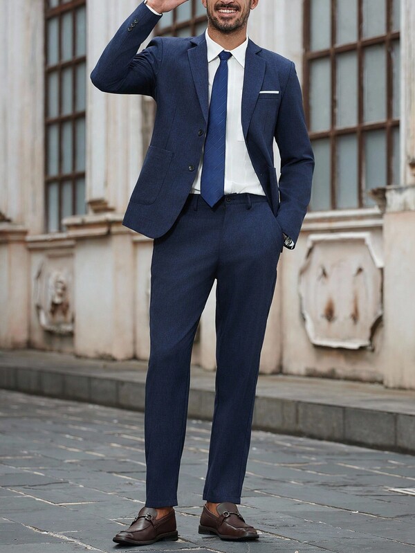 Manfinity Bizformal Men's Solid Color Lapel NeckLong Sleeve Jacket And Pants Business Suit Set Men Suits Slim Fit Blue Suit Gala Modern Men Blue Suit