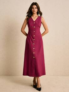 Poéselle Đầm suông không tay cổ chữ V họa tiết hoa kim loại thanh lịch cho nữ - Màu đỏ tím - Xem 4