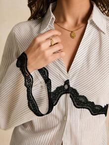 Poéselle Elegante Pendler-Bluse für Damen mit gestreifter Spitzenborte, elegante Blusen für Damen, Damen Blusen und Hemden, westliche Oberteile für Damen