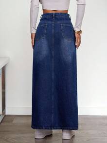 Siren Gaze 女式休闲水洗牛仔不对称口袋开衩裙，秋季 - 深色水洗藍 - 查看 4