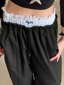 FRIFUL 女士纯色腰带撞色蕾丝面料撞色刺绣字母宽松直筒裤，休闲百搭长裤，秋冬 - 黑色 - 查看 6