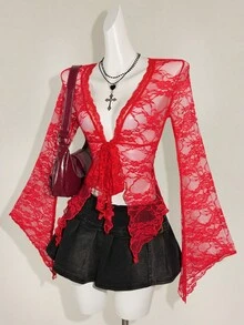 SHEIN ICON Y2k 女款西部乡村音乐会波西米亚嬉皮哥特风透明酒红色性感蕾丝扭纹前长袖开衫 - 紅色 - 查看 3