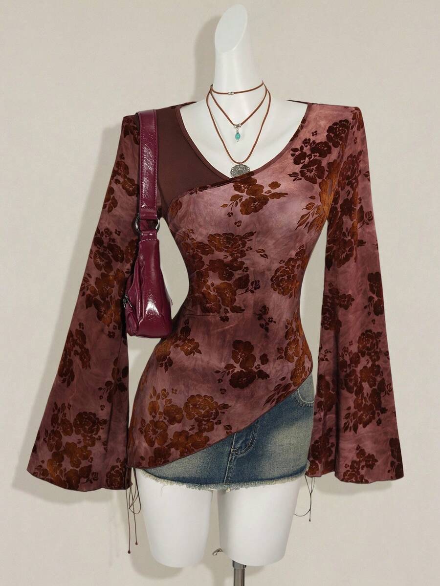 SHEIN ICON Áo thun nữ tay loe họa tiết hoa chéo jacquard dệt kim màu xanh lá cây cổ điển thời trang - Màu Đỏ Sâu - Xem 1