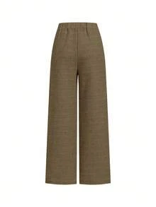 Ellevyn 大码女式纯色褶皱设计宽腿宽松休闲裤 - 棕色 - 查看 3