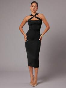 Silquee 女士优雅纯色修身吊带中长连衣裙，夏季 - 黑色 - 查看 3