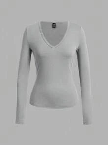 SHEIN EZwear 3 件套女士深 V 领修身休闲长袖打底 T 恤套装，适合秋冬季 - 彩色 - 查看 6