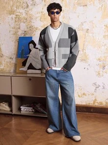 SWAVVY Men's Autumn Casual Collegiate Style Patchwork Pattern V-Neck Button-Up Cardigan, For Fall Winter - Grey - View 5