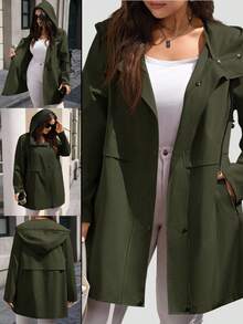 EMERY ROSE 秋冬大码女式纯色长袖口袋抽绳连帽风衣 - 軍綠色 - 查看 1
