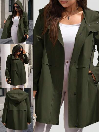 EMERY ROSE Plus Size Women's Solid Color Long Sleeve Pocket Drawstring Hooded Trench Coat In Fall/Winter