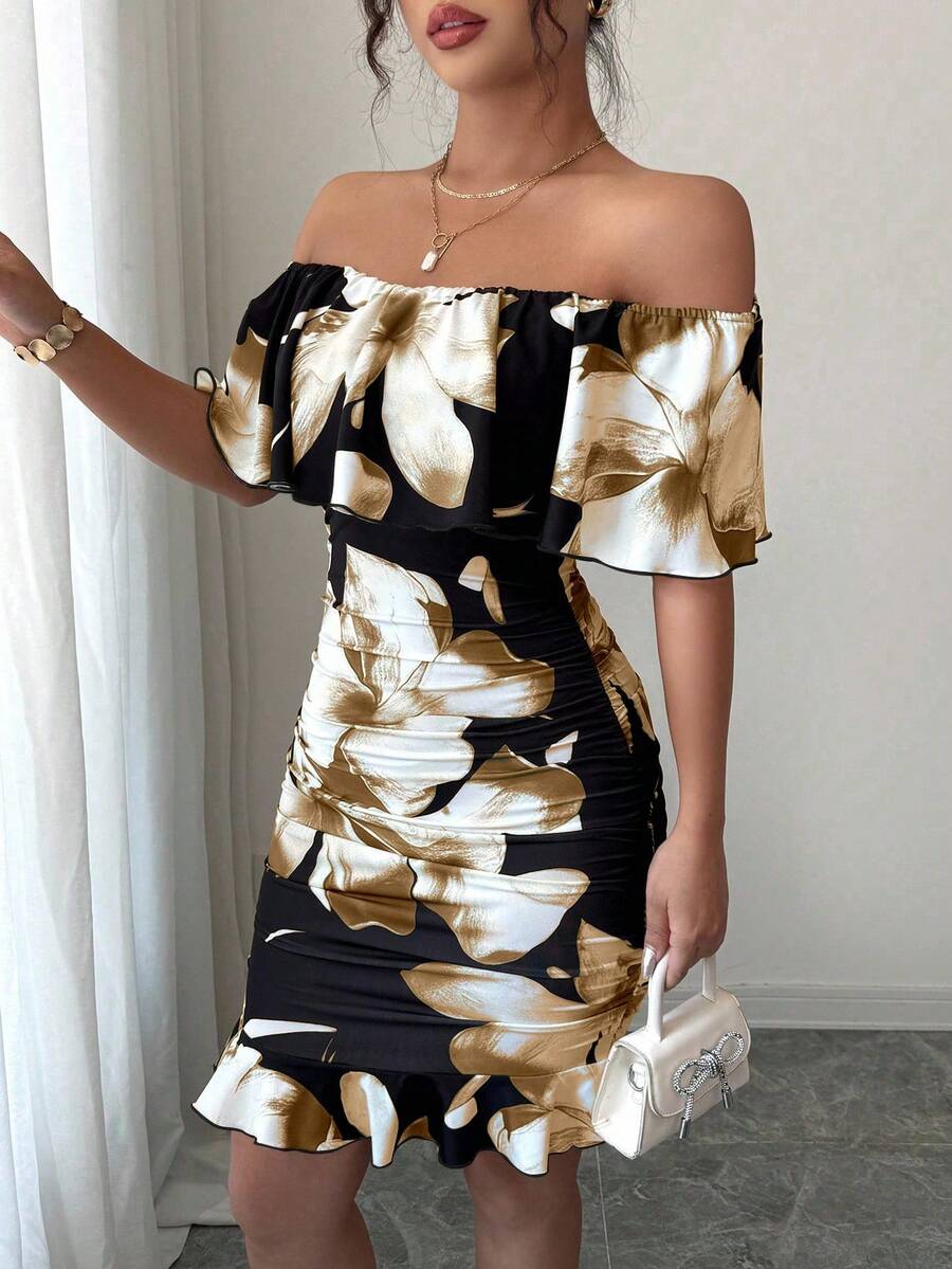 Breezaya Tropical Print Off Shoulder Ruffle Trim Ruched Bodycon Dress Vacation Beach Outfits Women