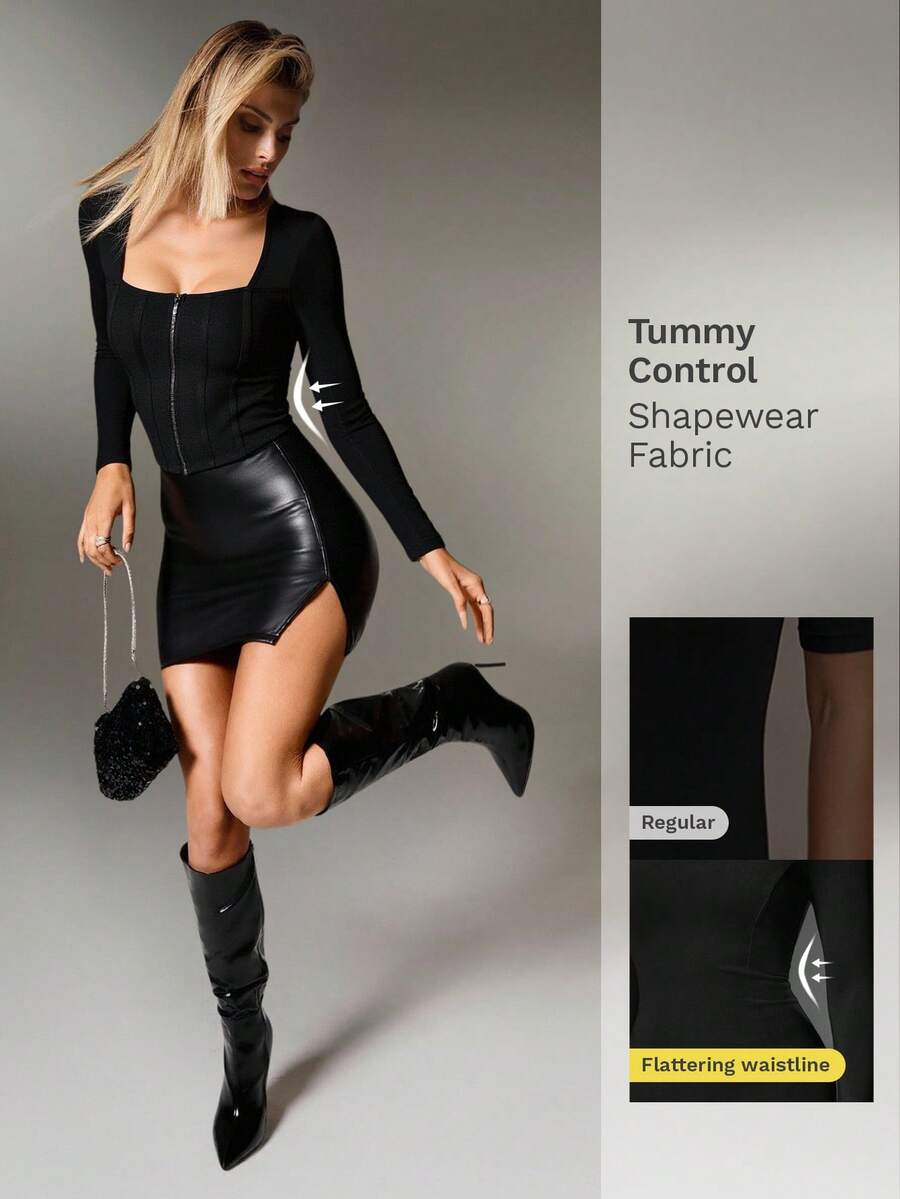 Nuvra Women's Black Zipper Jacket Outerwear, Shapewear Waist Cincher, Sports Crop Top, Elegant Casual Wear For Autumn/Winter