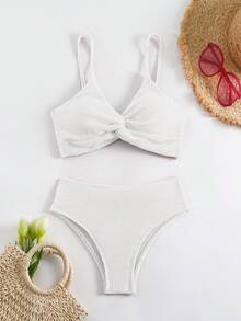 Swim Basics Women Summer Beach Solid Simple Daily Twist Bikini Set - White - View 4