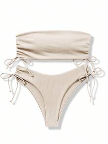 Swim Basics Summer Beach Ribbed Bikini Set Drawstring Side Bandeau Top & Tie Side Bottom 2 Piece Bathing Suit - Apricot - View 3