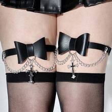 ROMWE Goth 2 件装女士黑色蝴蝶结链条滴油十字架装饰暗黑风格朋克风格紧身裤腿环连衣裙短裙短裤配饰日常百搭万圣节服装配饰 - 黑色蝴蝶結 - 查看 6