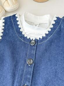 Genkimix Kids 3件套女童韩版简约高领白T恤、牛仔背心和宽松牛仔裤套装，秋季两件套牛仔套装，牛仔搭配套装，小女孩牛仔套装，儿童牛仔套装，秋冬童装 - 藍色 - 查看 5