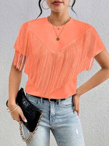 EMERY ROSE Solid Color Round Neck Tassel Decor Casual Summer Short Sleeve T-Shirt