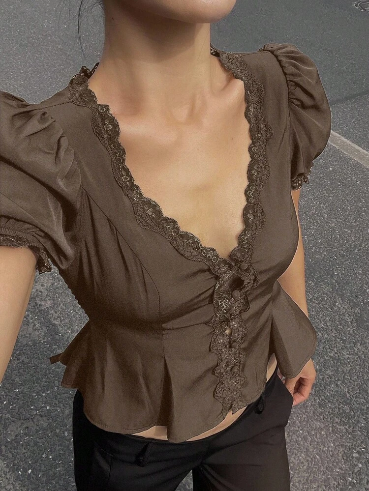 Women's Summer Lace Patchwork V-Neck Puff Sleeve Blouse